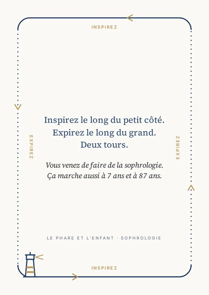 Instructions en français pour un exercice de respiration, encadrées par le mot « inspirez », avec des éléments graphiques minimalistes, une illustration représentant une échelle et de petits motifs décoratifs dans les coins. Le texte principal, dans lequel le mot-clé « inspirez » est mis en évidence, est centré sur un fond blanc.