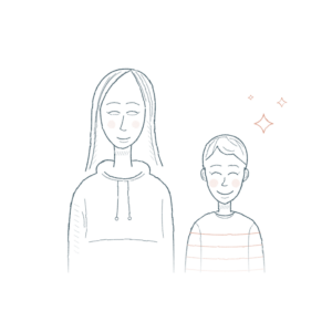 Dessin au trait simple représentant deux personnes : une personne grande, aux cheveux longs et portant un sweat à capuche, et une personne plus petite, aux cheveux courts et vêtue d'un t-shirt rayé. Toutes deux sourient, les joues rosées ; deux étoiles scintillantes apparaissent près de la personne la plus petite, symbolisant l'harmonie que l'on peut trouver lorsqu'un sophrologue, partenaire des professionnels de santé, contribue au bien-être.