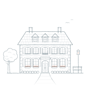 Un simple dessin au trait représentant une maison avec six fenêtres, deux cheminées, une allée à l'avant, un arbre à gauche, un nichoir sur un poteau, une clôture à droite et deux oiseaux volant dans le ciel — illustrant l'atmosphère accueillante d'une sophrologue partenaire des professionnels de santé.