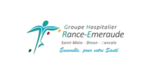 Logo du Groupe Hospitalier Rance-Emeraude représentant une silhouette humaine stylisée, des points colorés et une liste comprenant Saint-Malo, Dinan et Cancale, ainsi que le slogan « Ensemble, pour votre santé ». Ce logo reflète également son engagement en tant que sophrologue partenaire des professionnels de santé.