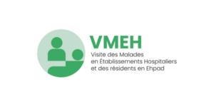 Logo circulaire vert représentant deux silhouettes humaines abstraites, accompagné du texte « VMEH – Visite des Malades en Établissements Hospitaliers et des résidents en EHPAD » sur un fond clair, soulignant son rôle de sophrologue partenaire des professionnels de santé.