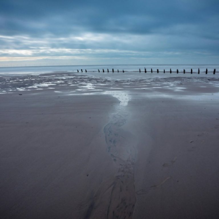 À marée basse, une vaste plage de sable s'étend sous un ciel nuageux bleu-gris, tandis que les eaux peu profondes reflètent la lumière douce. Des épis en bois s'étendent à perte de vue sur la droite, renforçant le caractère paisible et désert de la scène.